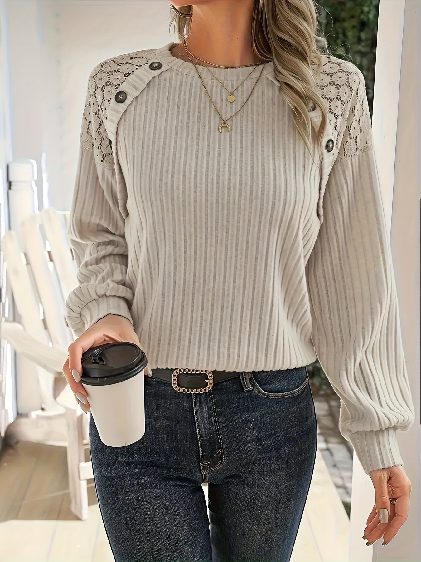 Emma | Elegant polyester ladies' sweatshirt with lace shoulder detail and button accents
