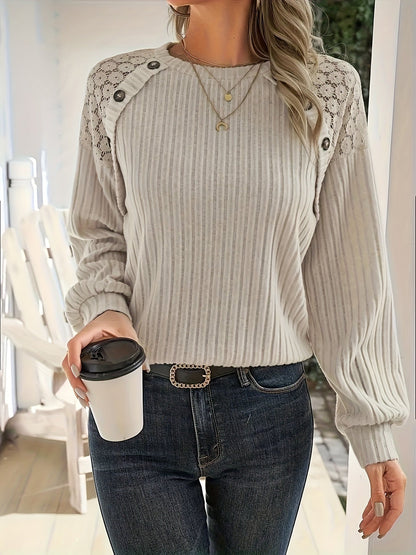 Emma | Elegant polyester ladies' sweatshirt with lace shoulder detail and button accents