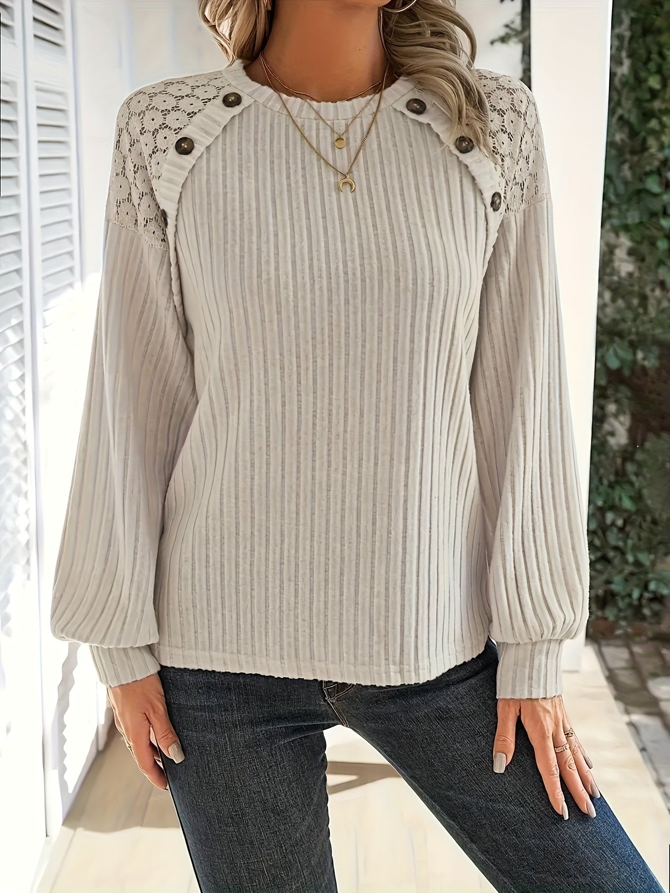 Emma | Elegant polyester ladies' sweatshirt with lace shoulder detail and button accents