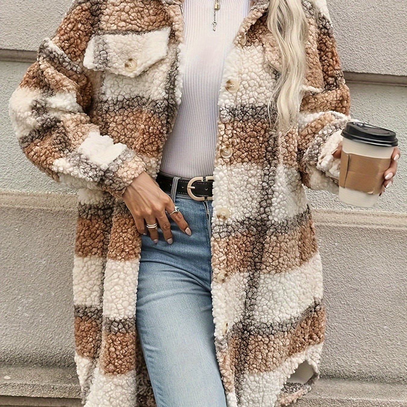 Emma | Checked Button Coat with Fuzzy Pattern