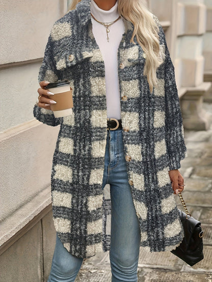 Emma | Checked Button Coat with Fuzzy Pattern