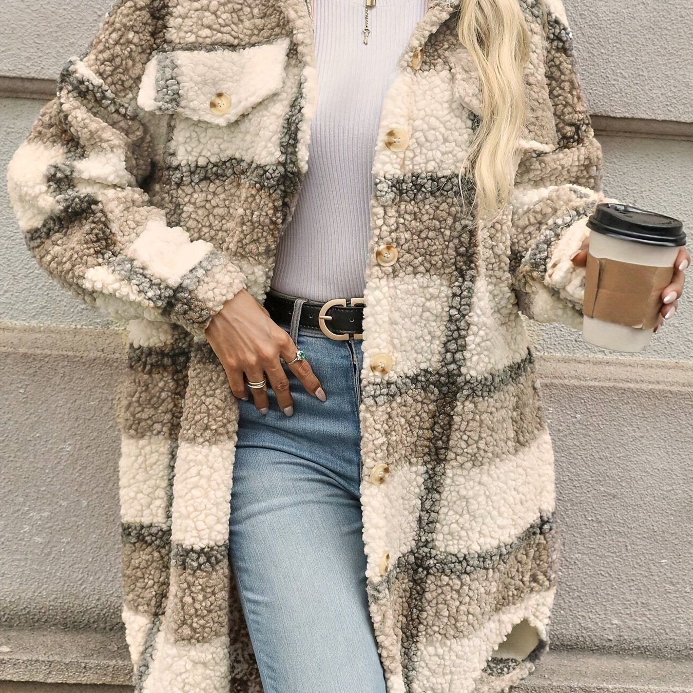 Emma | Checked Button Coat with Fuzzy Pattern