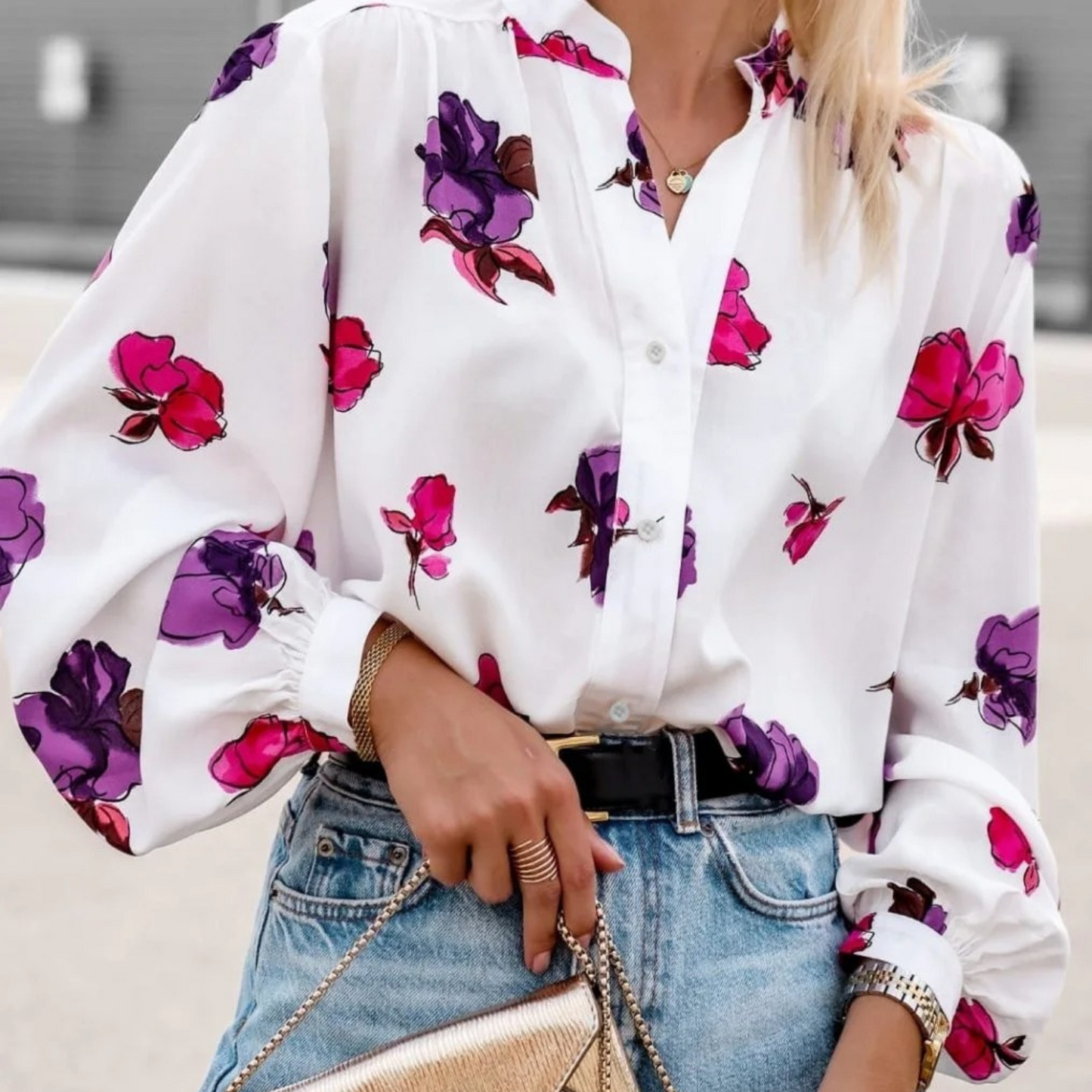 Emma | Elegant floral ladies' blouse with a shawl collar