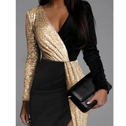 Eva | Gold Glitter Dress with Split and V-Neck