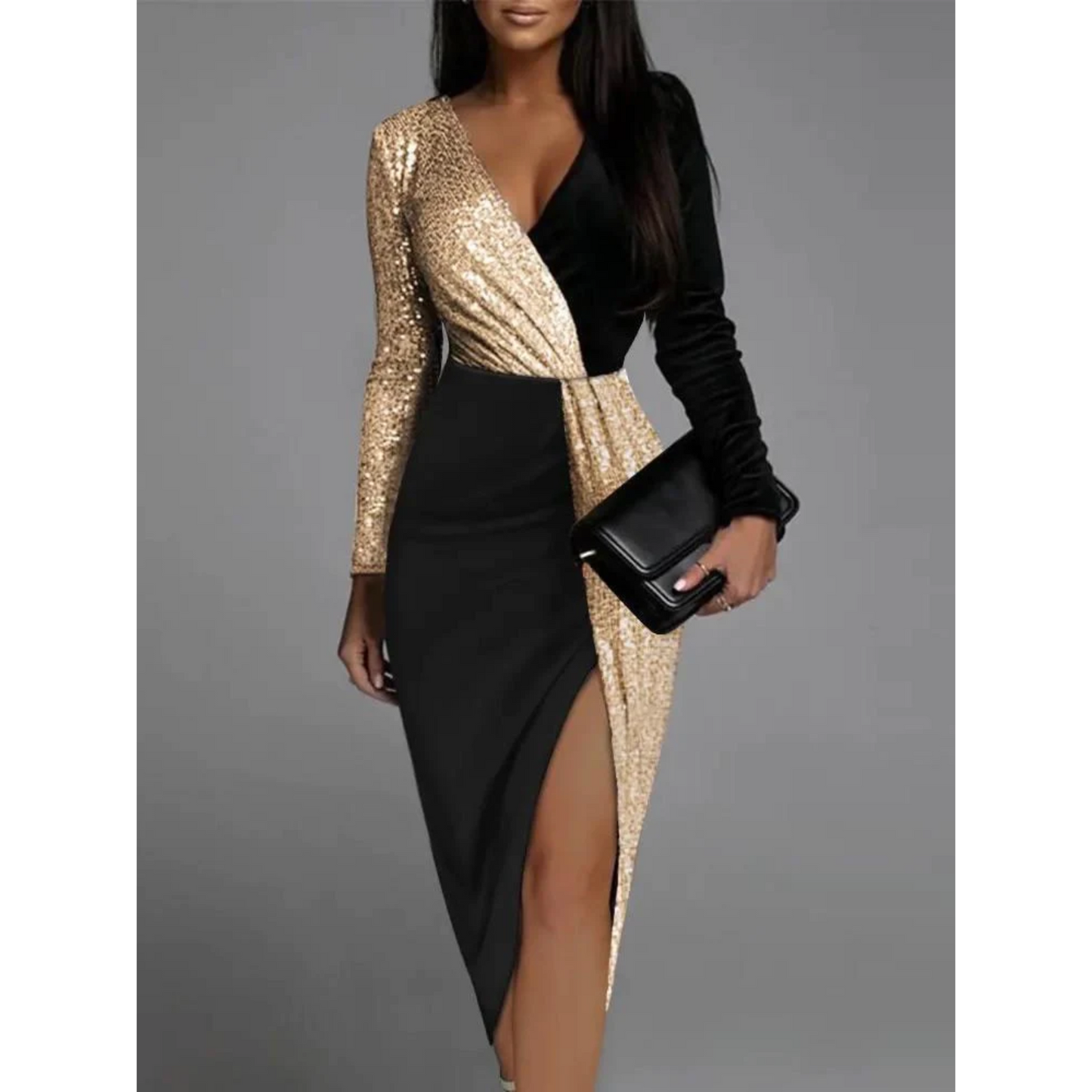 Eva | Gold Glitter Dress with Split and V-Neck