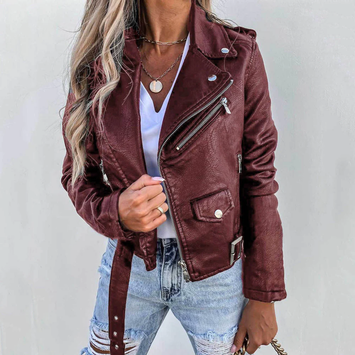 Eva | Stylish Padded Leather Jacket with Zip