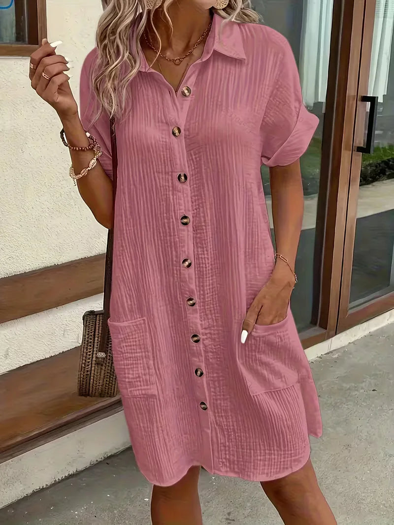 Shirt dress with V-neck and short sleeves
