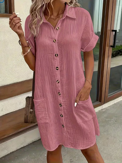Shirt dress with V-neck and short sleeves
