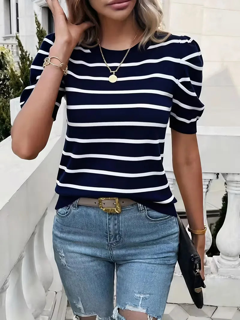 Women's striped T-shirt with puffed sleeves