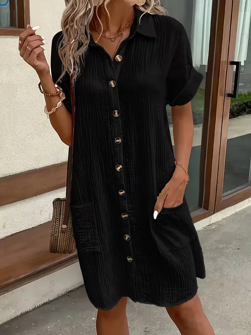 Shirt dress with V-neck and short sleeves