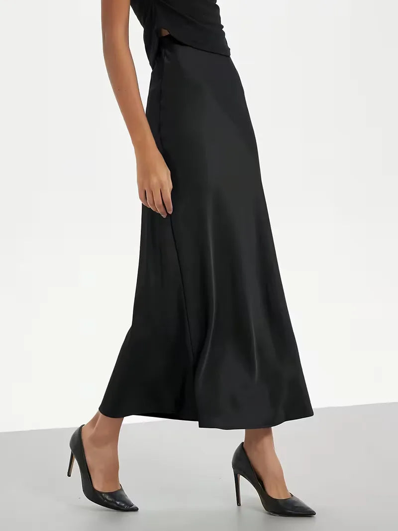 Satin Midi Skirt with High Waist