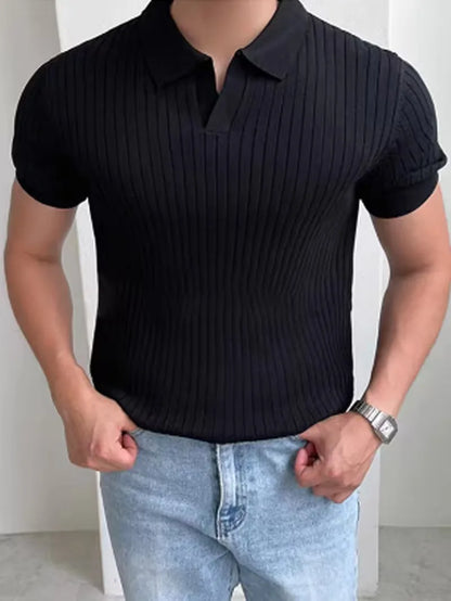 Polo with V-neck and ribbed texture