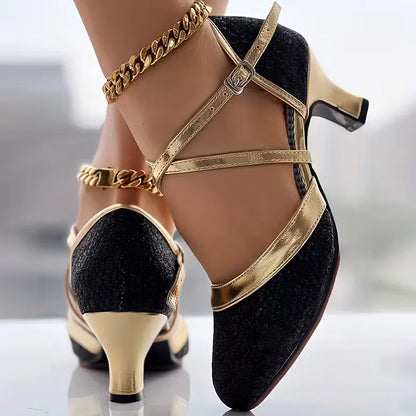 Block heels with golden accents