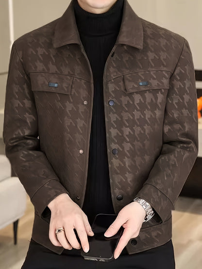 Men's Coat with Houndstooth Pattern and Fleece Lining
