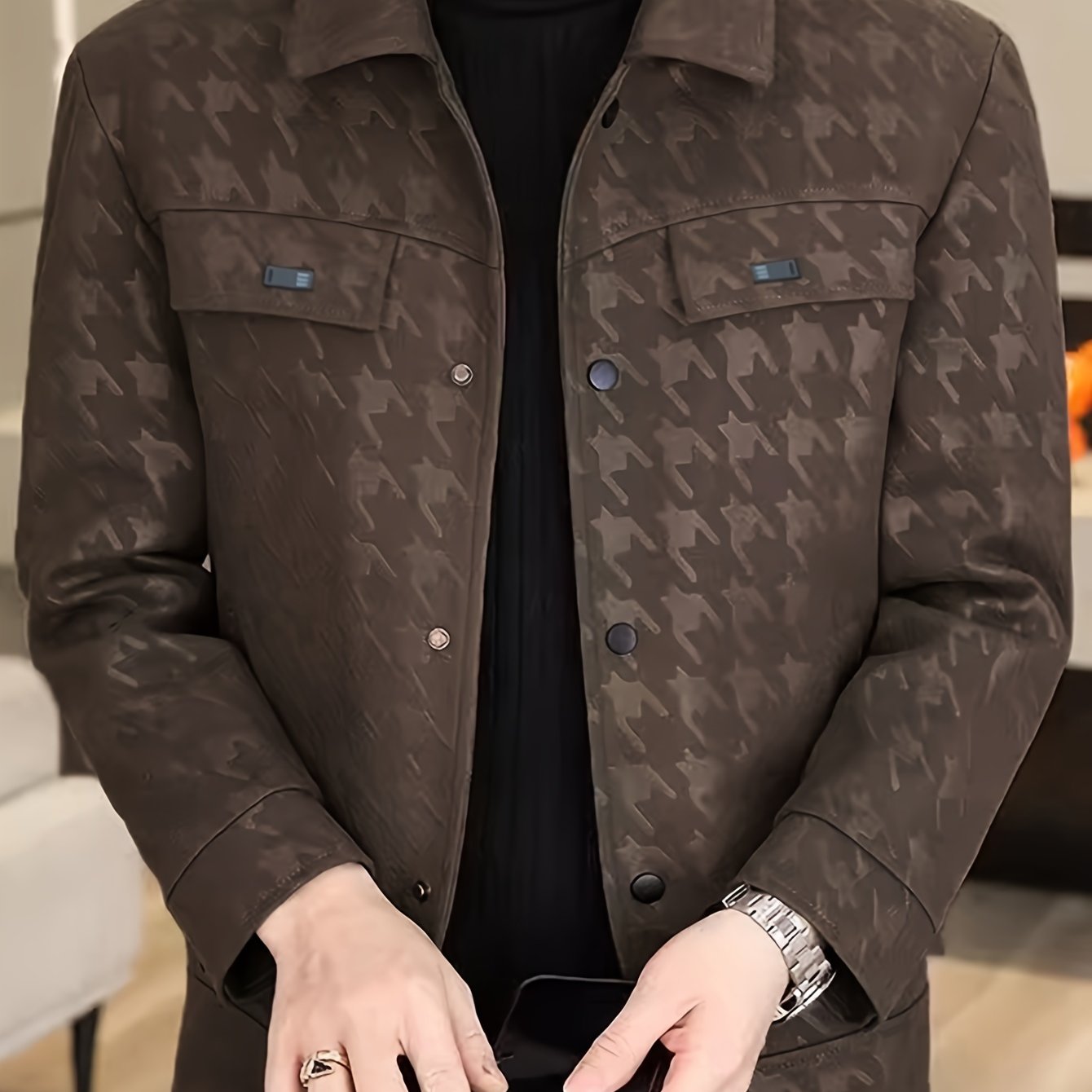 Men's Coat with Houndstooth Pattern and Fleece Lining
