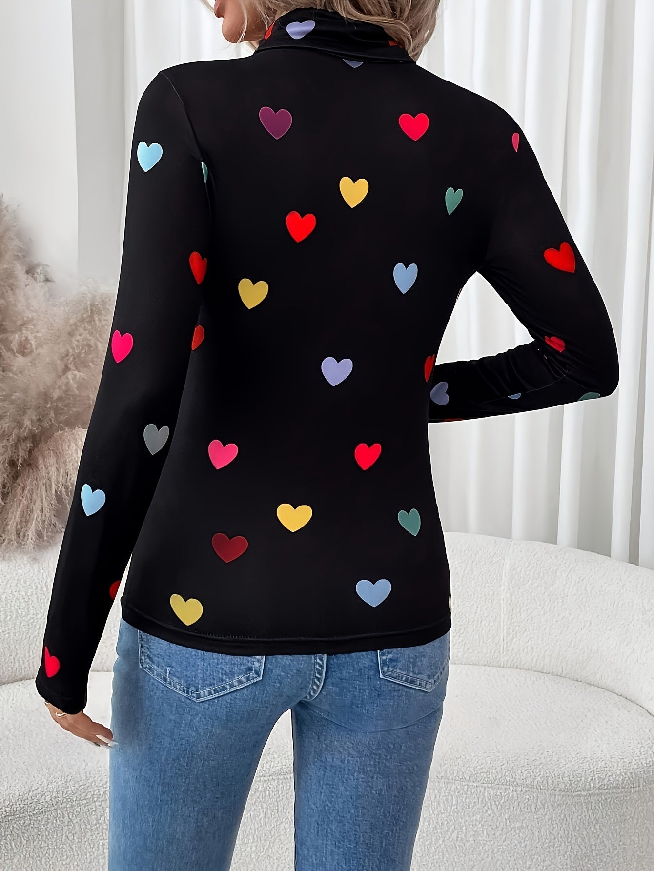 Jeanette | Chic Valentine's Day Heart Print Long Sleeve High Neck T-shirt