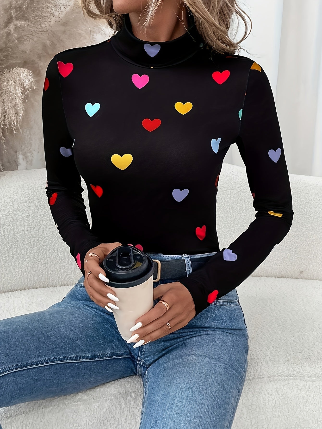 Jeanette | Chic Valentine's Day Heart Print Long Sleeve High Neck T-shirt