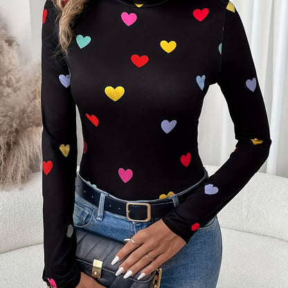 Jeanette | Chic Valentine's Day Heart Print Long Sleeve High Neck T-shirt