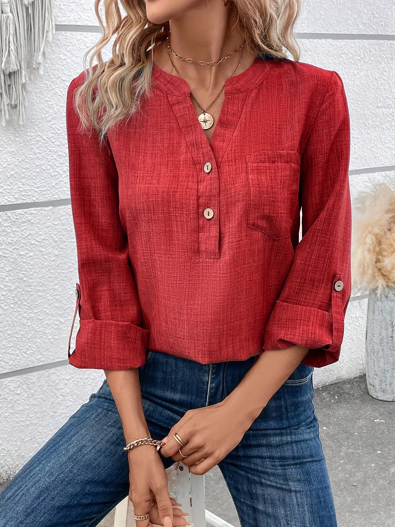 Lara | Crocheted Neck Button Blouse with Long Sleeves