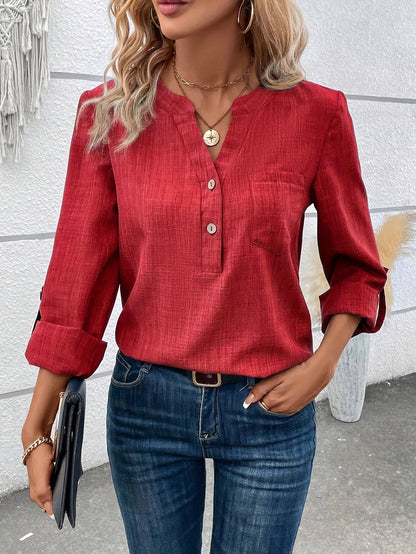 Lara | Crocheted Neck Button Blouse with Long Sleeves
