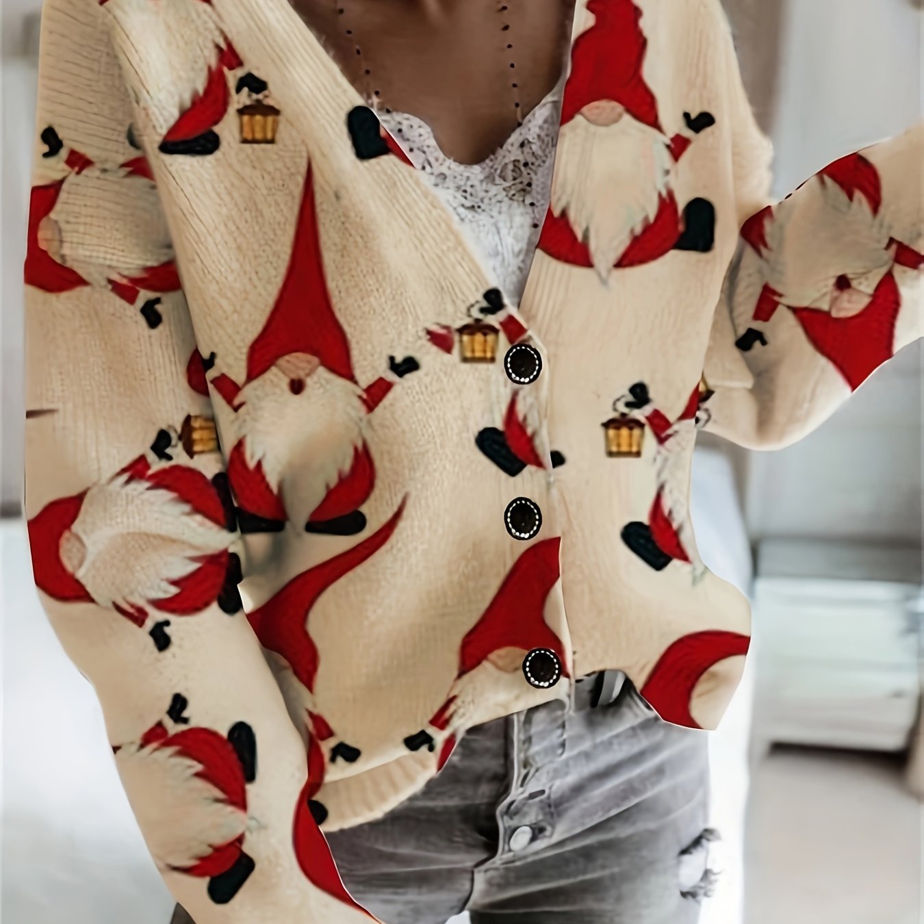 Lara | Cosy Santa Print Cardigan with Long Sleeves and V-Neck