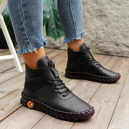 Leah | Comfortable high leather shoes with laces and Velcro for women