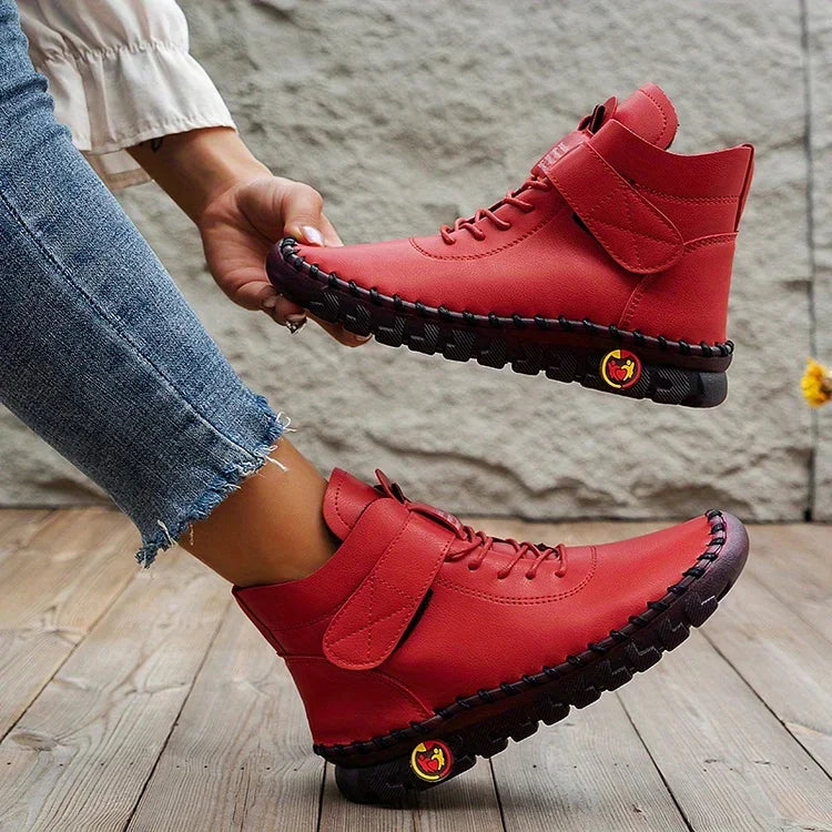 Leah | Comfortable high leather shoes with laces and Velcro for women