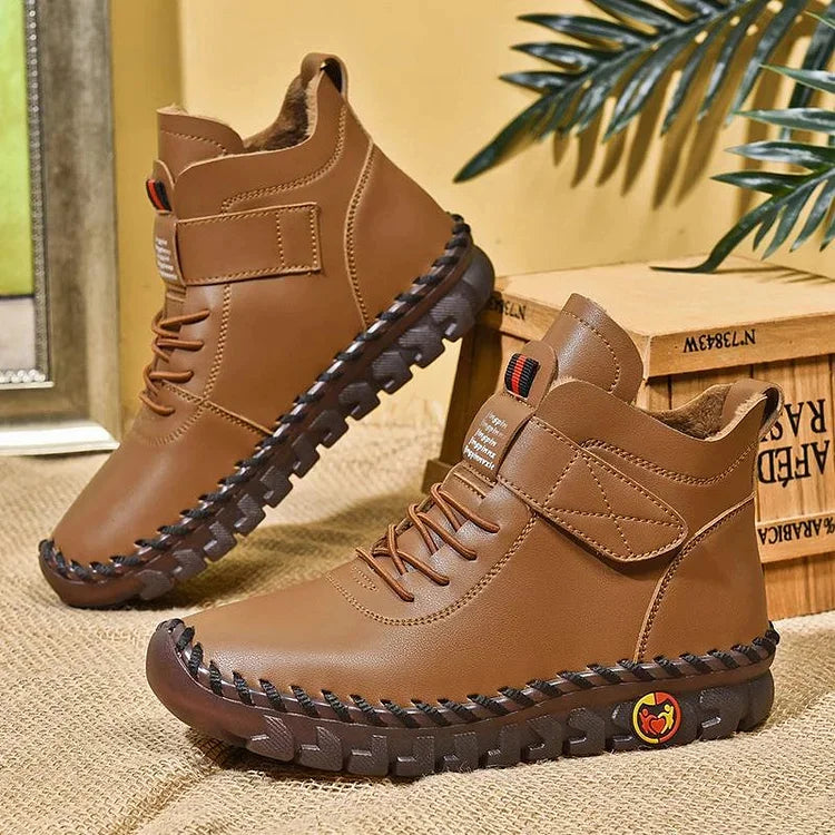 Leah | Comfortable high leather shoes with laces and Velcro for women