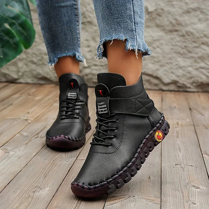 Leah | Comfortable high leather shoes with laces and Velcro for women
