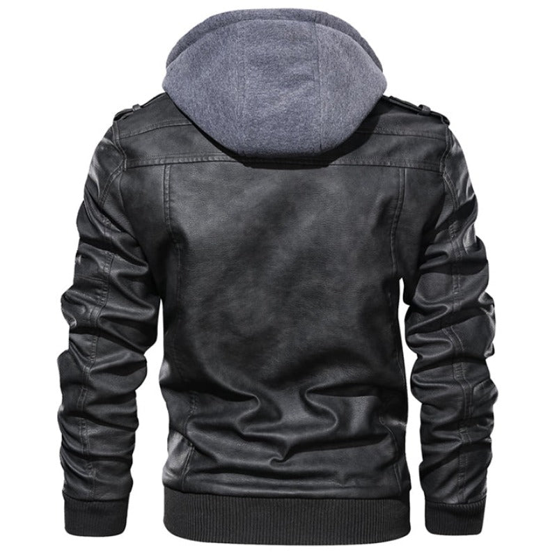 Leather Jacket with Lining and Hood for Men