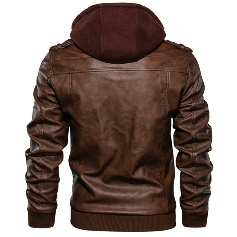 Leather Jacket with Lining and Hood for Men