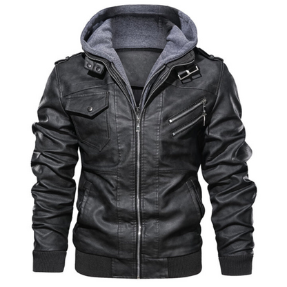Leather Jacket with Lining and Hood for Men