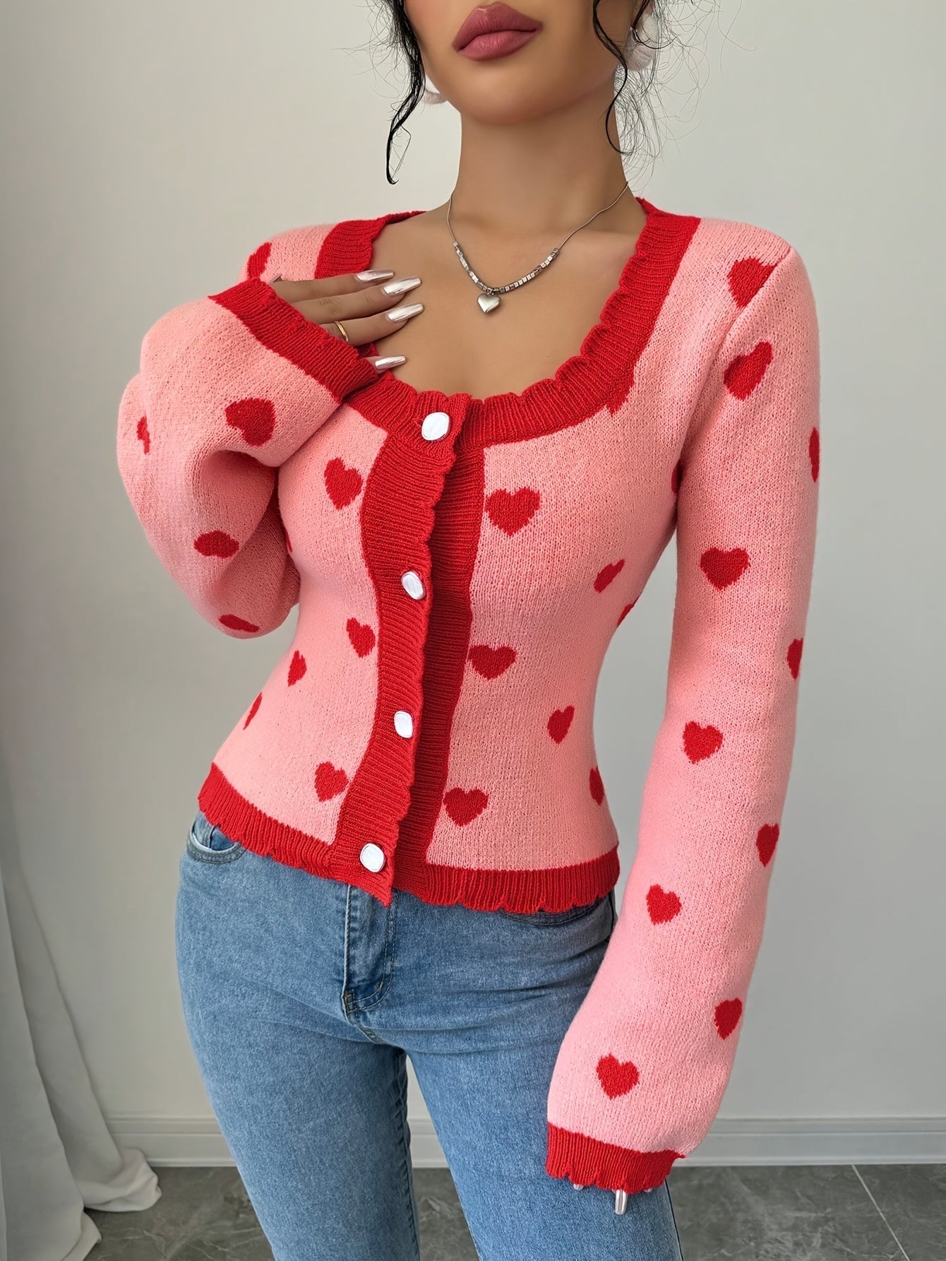 Lotte | Stylish women's cardigan with heart pattern in chic red & pink