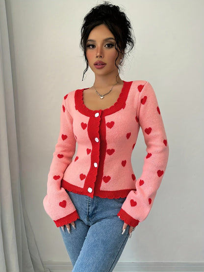 Lotte | Stylish women's cardigan with heart pattern in chic red & pink