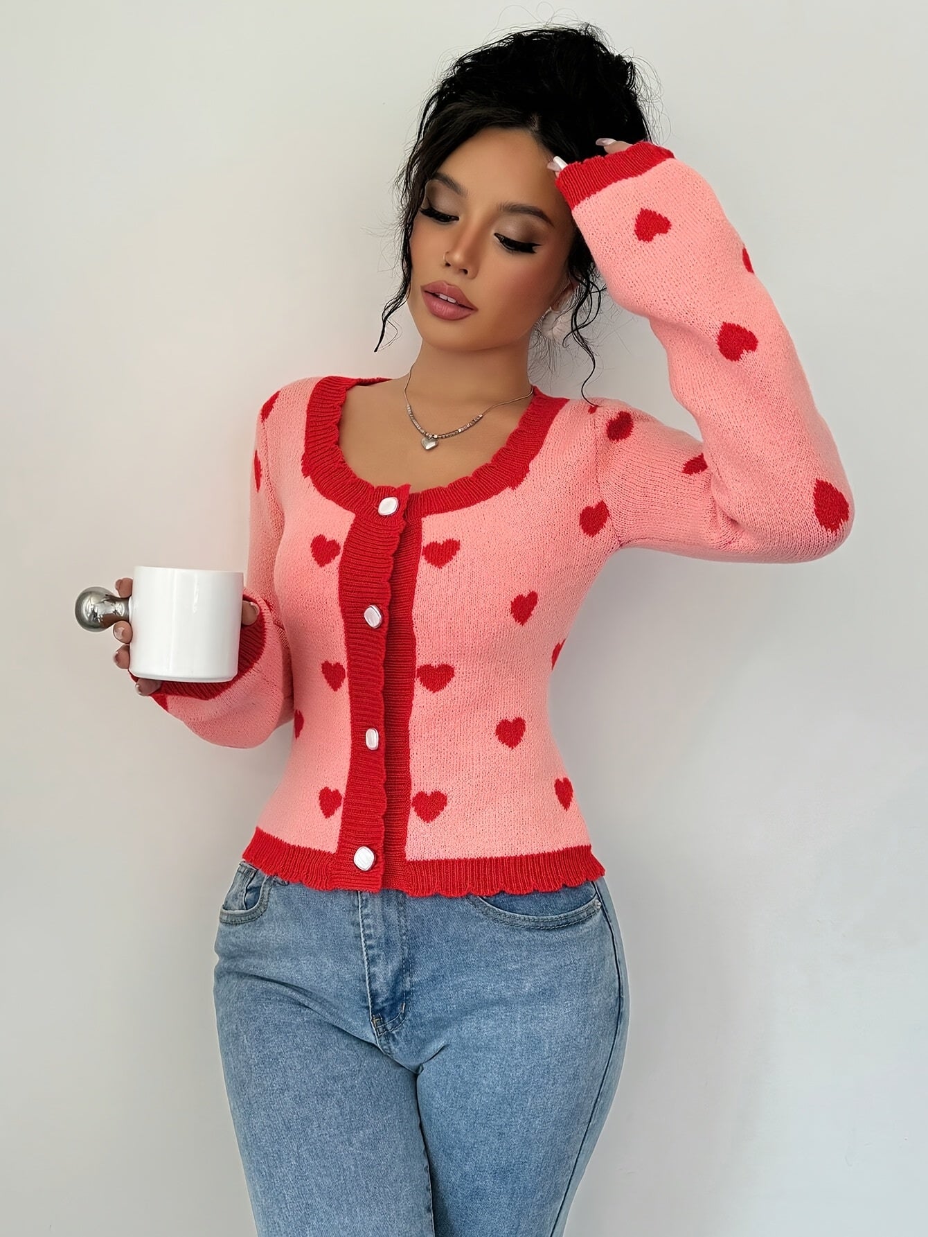 Lotte | Stylish women's cardigan with heart pattern in chic red & pink