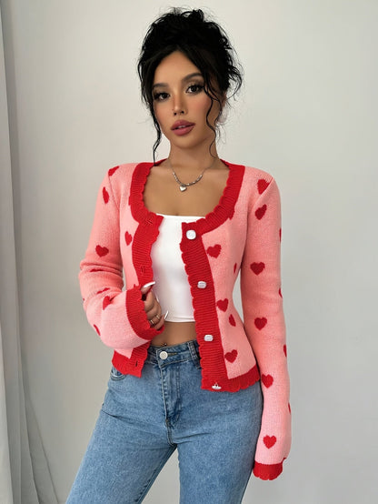 Lotte | Stylish women's cardigan with heart pattern in chic red & pink