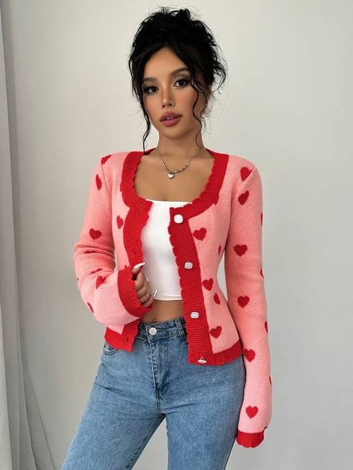 Lotte | Stylish women's cardigan with heart pattern in chic red & pink