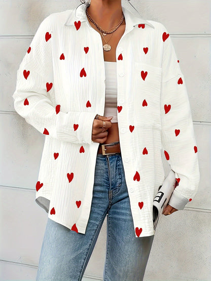 Lotte | Women's Elegant Heart Print Cotton Shirt with Long Sleeves