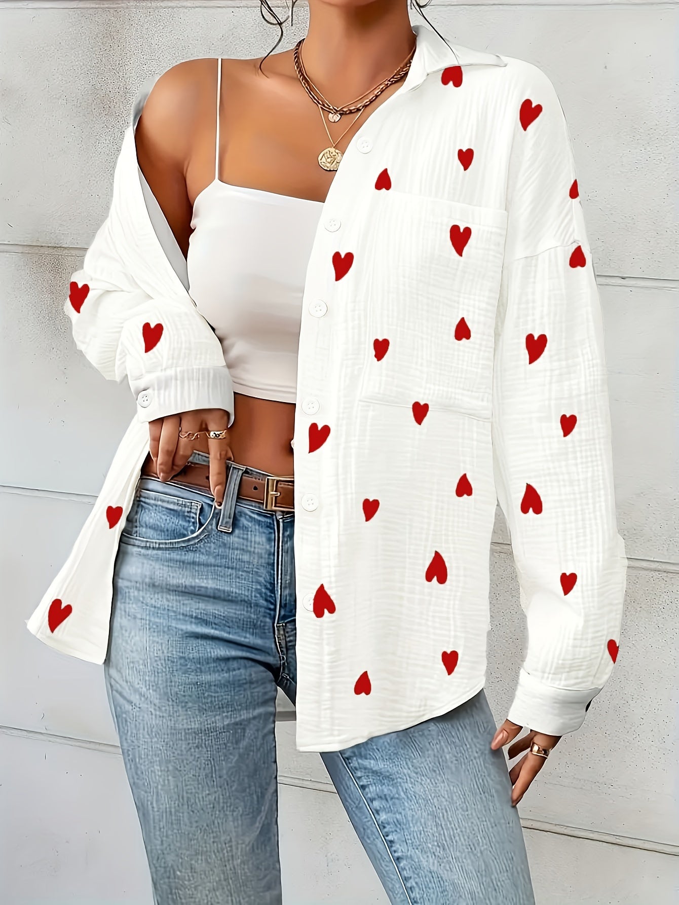 Lotte | Women's Elegant Heart Print Cotton Shirt with Long Sleeves