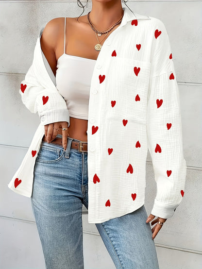 Lotte | Women's Elegant Heart Print Cotton Shirt with Long Sleeves