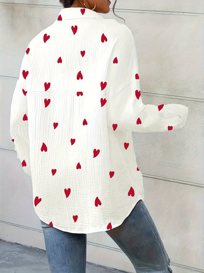 Lotte | Women's Elegant Heart Print Cotton Shirt with Long Sleeves
