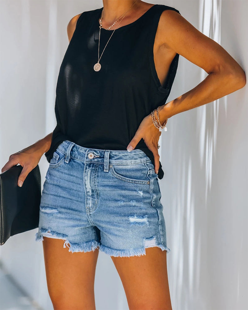 Mid-rise ripped denim shorts