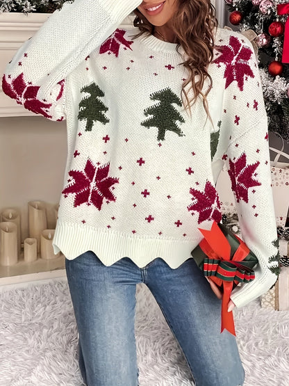 Nina | Casual Christmas Tree Pattern Jumper with Round Neck and Long Sleeves