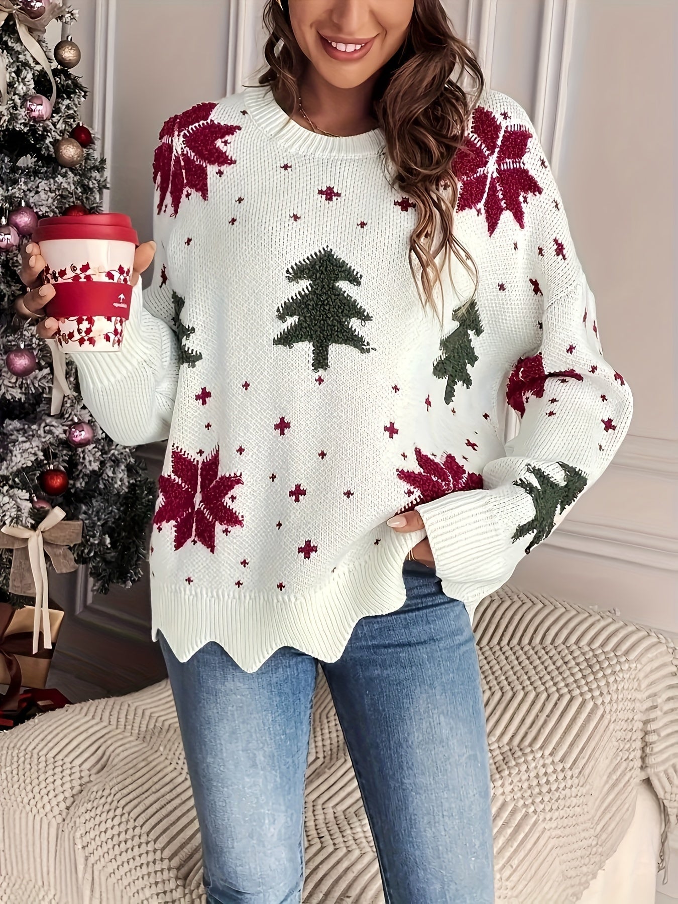 Nina | Casual Christmas Tree Pattern Jumper with Round Neck and Long Sleeves