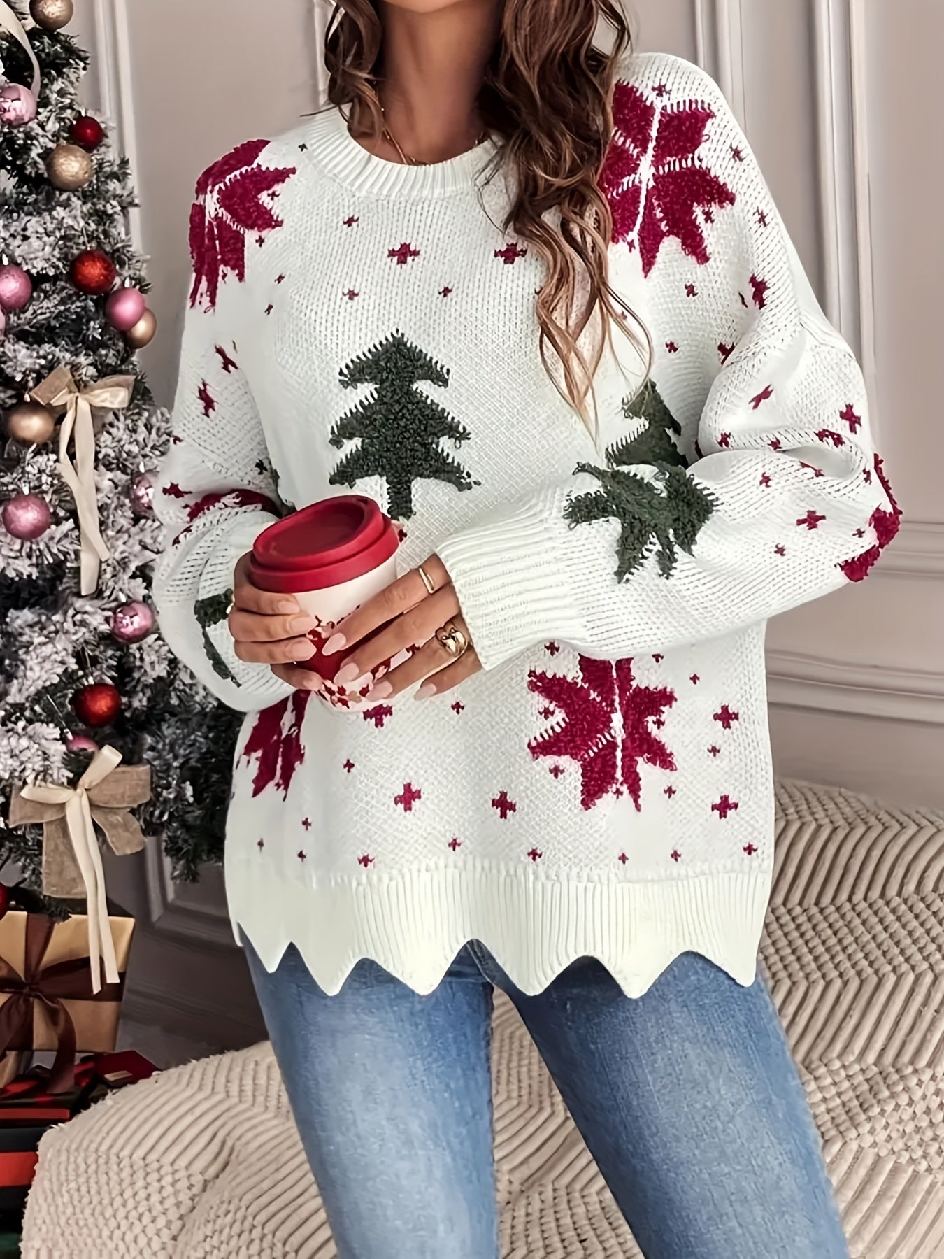 Nina | Casual Christmas Tree Pattern Jumper with Round Neck and Long Sleeves