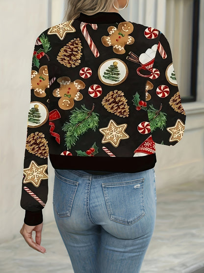 Nina | Casual Christmas Print Bomber Jacket with Long Sleeves and Zip