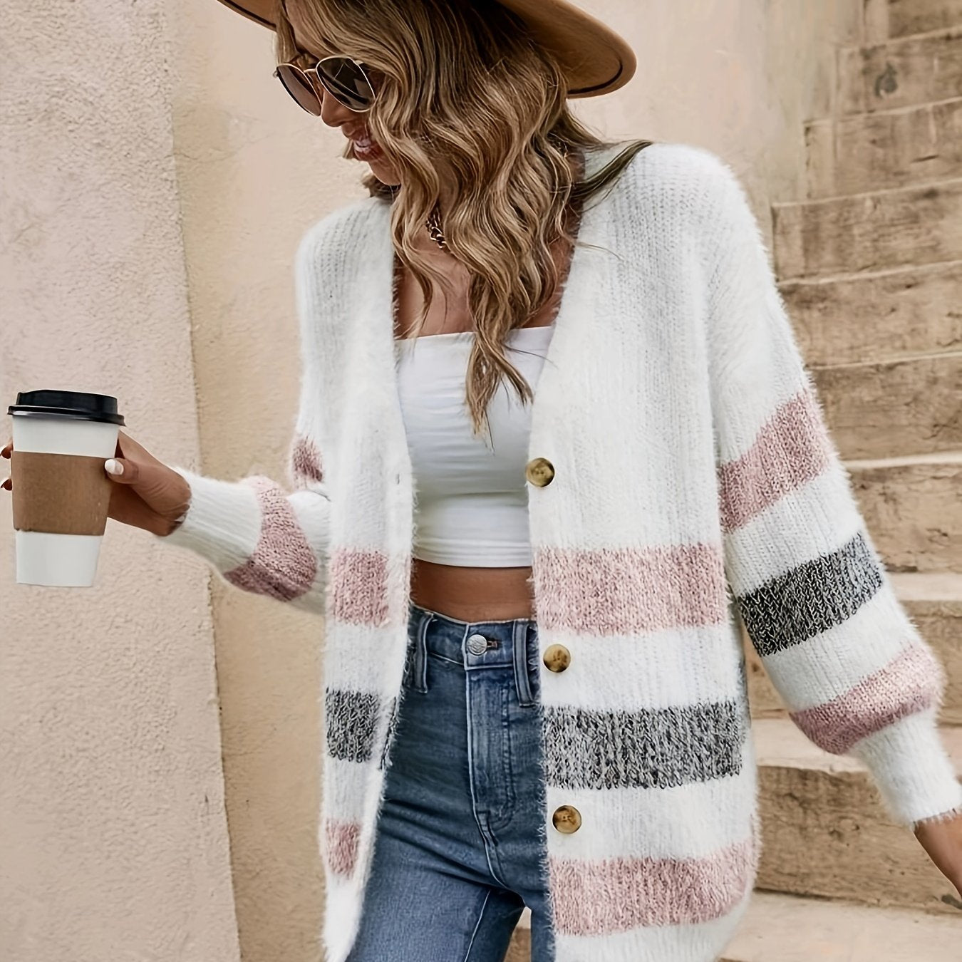 Nina | Knitted cardigan with colour block and V-neck
