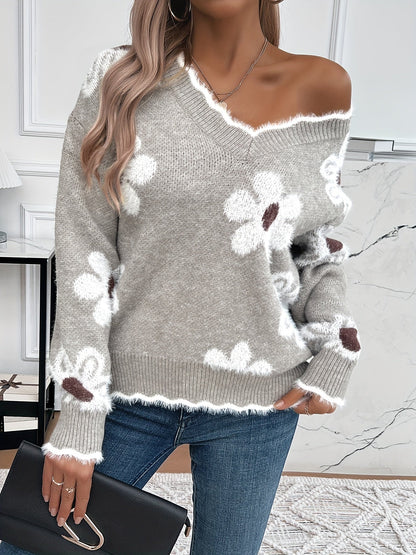 Nina | Knitted jumper with floral pattern and V-neck
