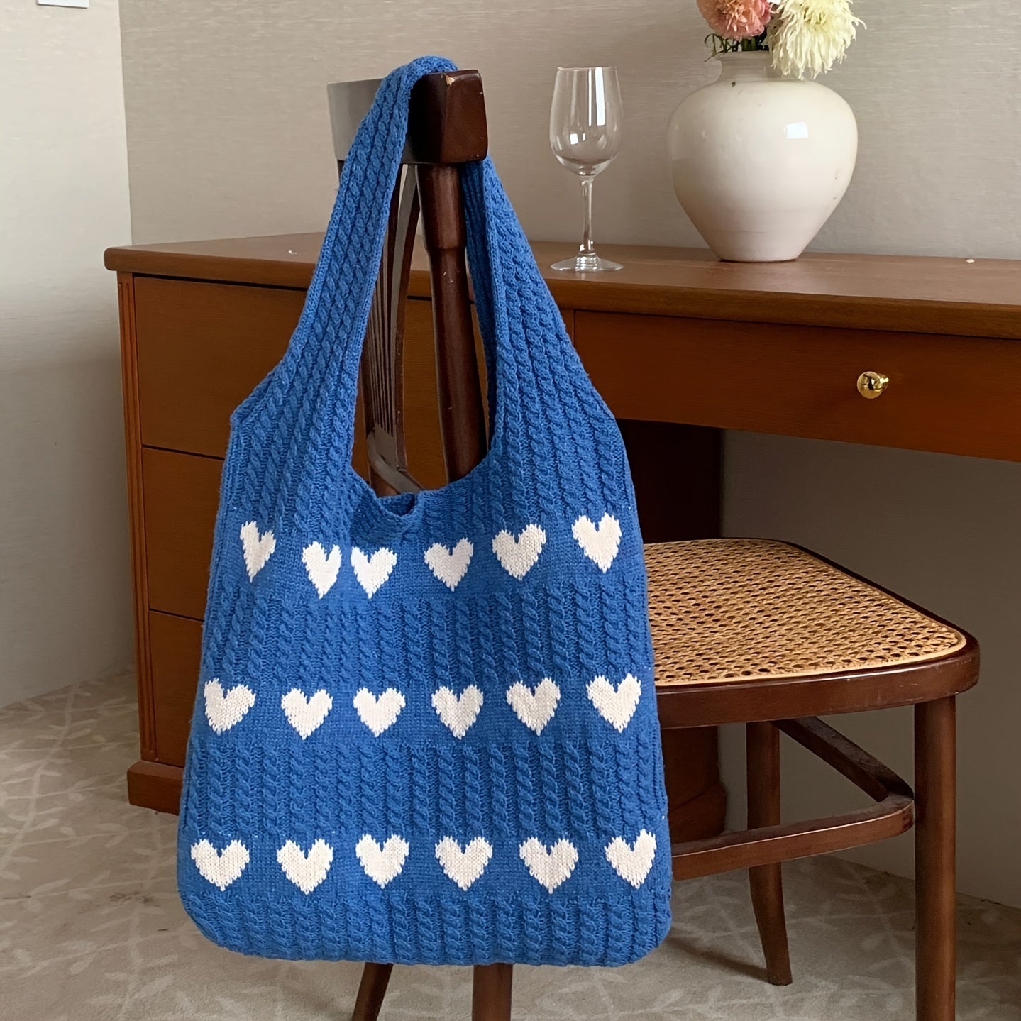 Nina | Knitted Heart Pattern Shopper Bag