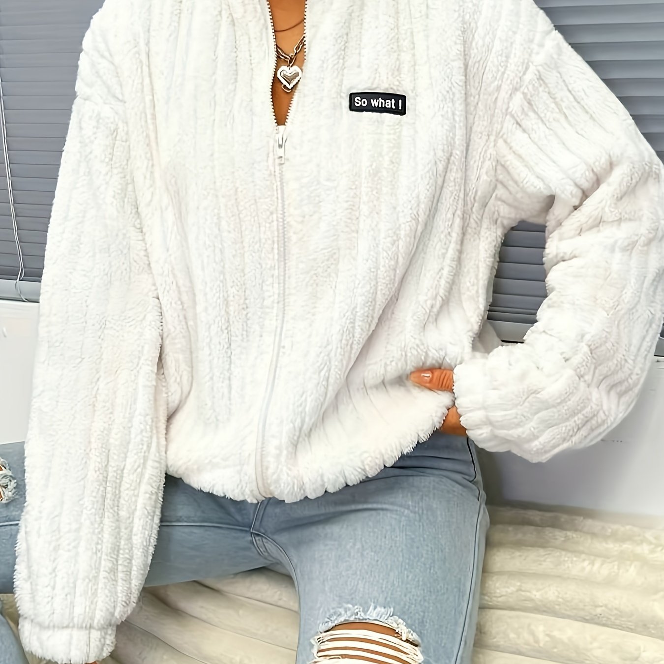 Nina | Zip Teddy Jacket with Ribs and Long Sleeves